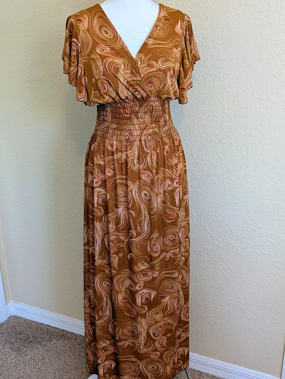Tamsy Smocked Waist Flutter Sleeve Maxi Dress-Fits S,M,L